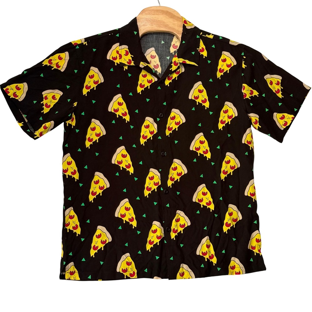 Bioworld Mens M Button Down Shirt Black Pizza Print Rayon Novelty Breathable NWT